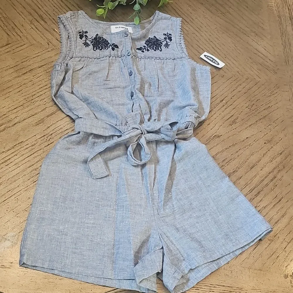Old Navy Blue Embroidered Romper Size L 10/12 NWT